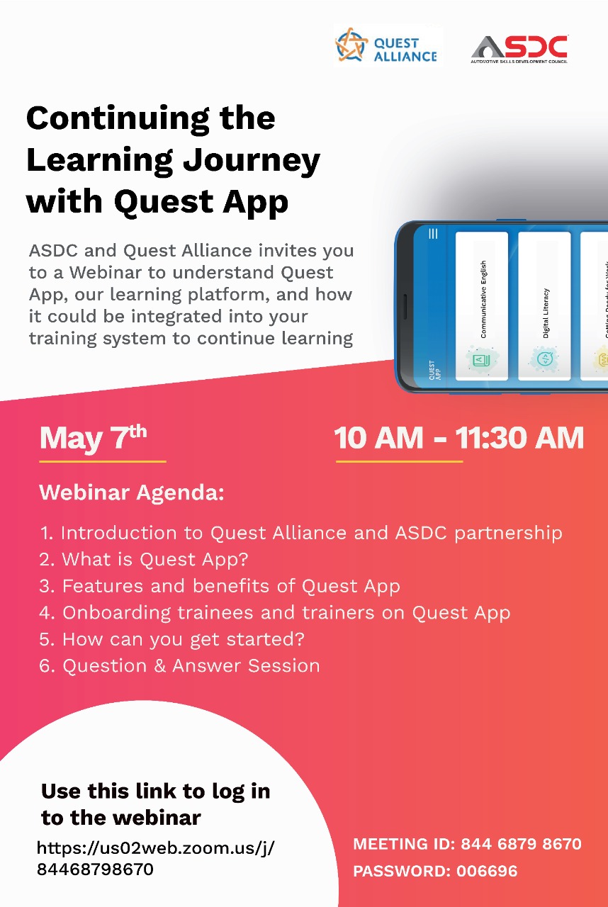 Continuing the Learning journey with Quest App : 7th May, 10 AM to 11:30  AM